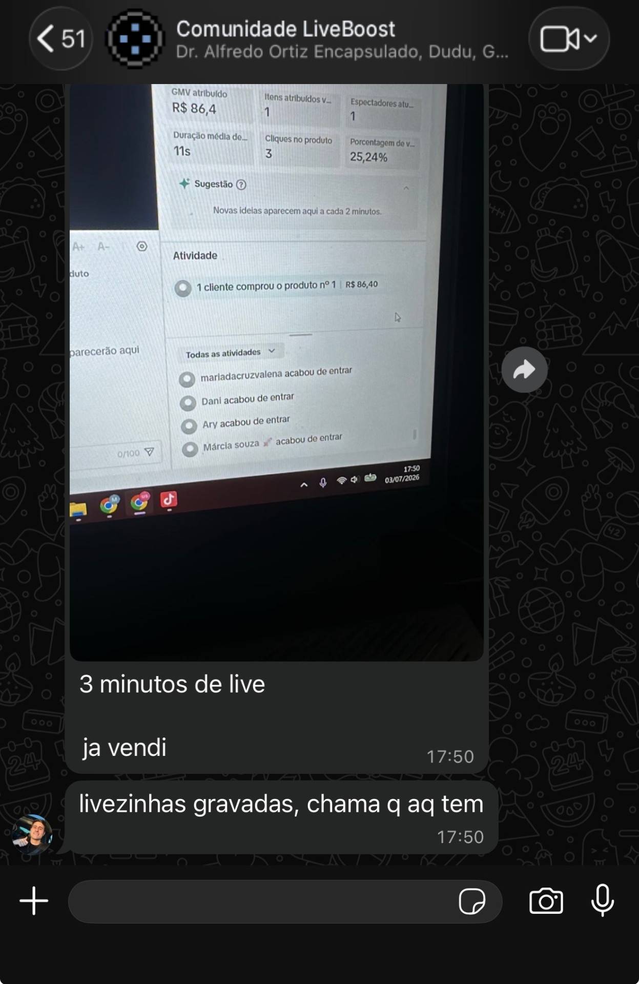 Aluno vendendo em 3 min com livezinhas gravadas